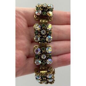 Vintage Florenza Gold Tone AB Aurora Borealis Multicolor Rhinestone Bracelet